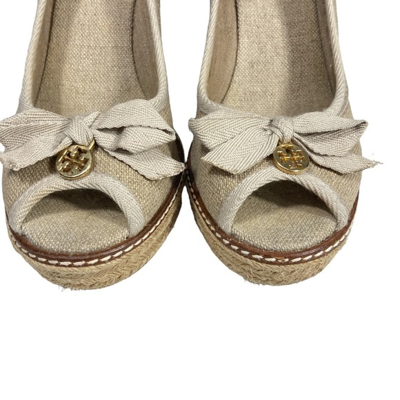 Tory Burch Jackie canvas peep toe wedge espadrille heels 9.5 M - Picture 6 of 14